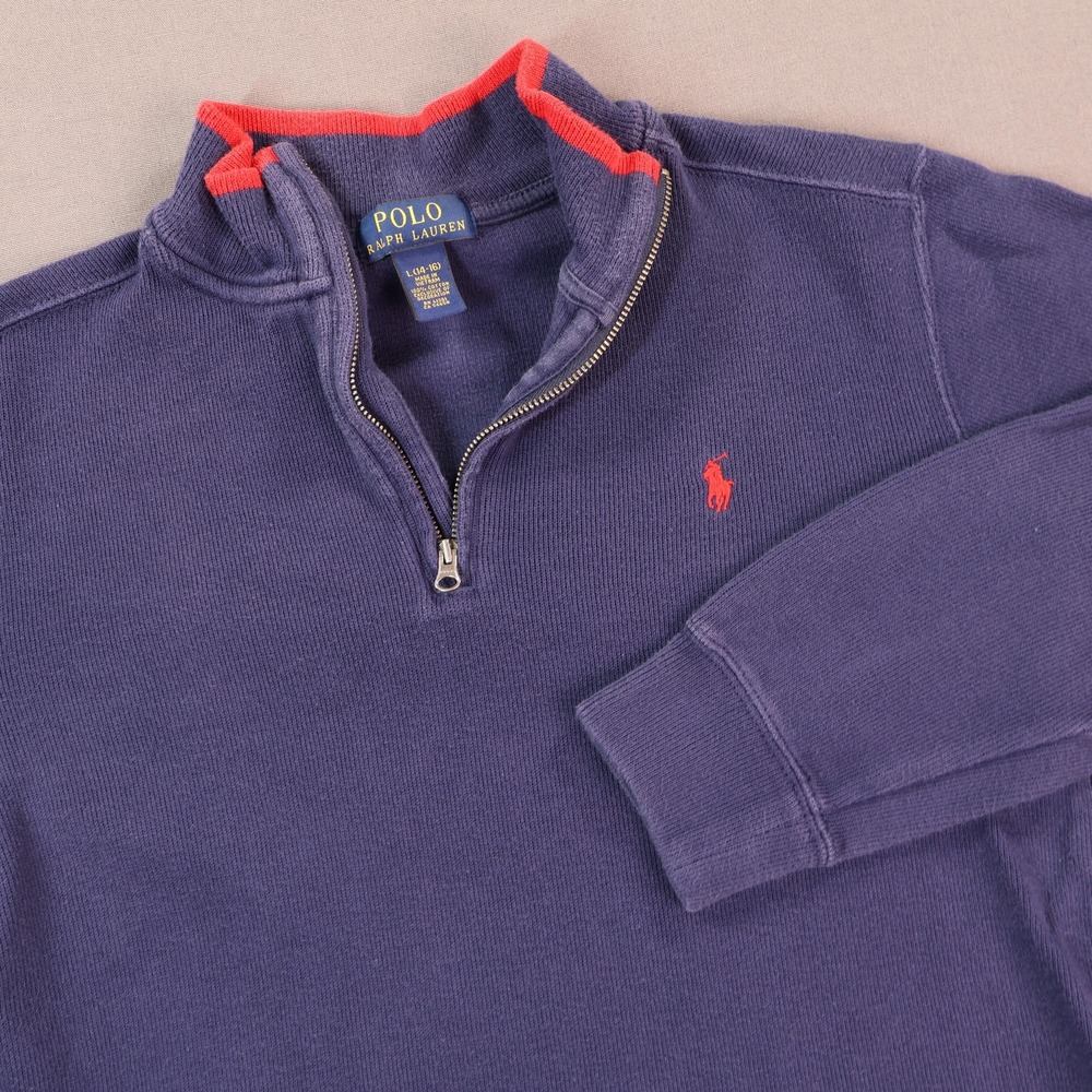 Polo‎ Ralph Lauren Sweater Boys 14-16 Blue 1/4 Zip Mock Neck Pullover Red Pony